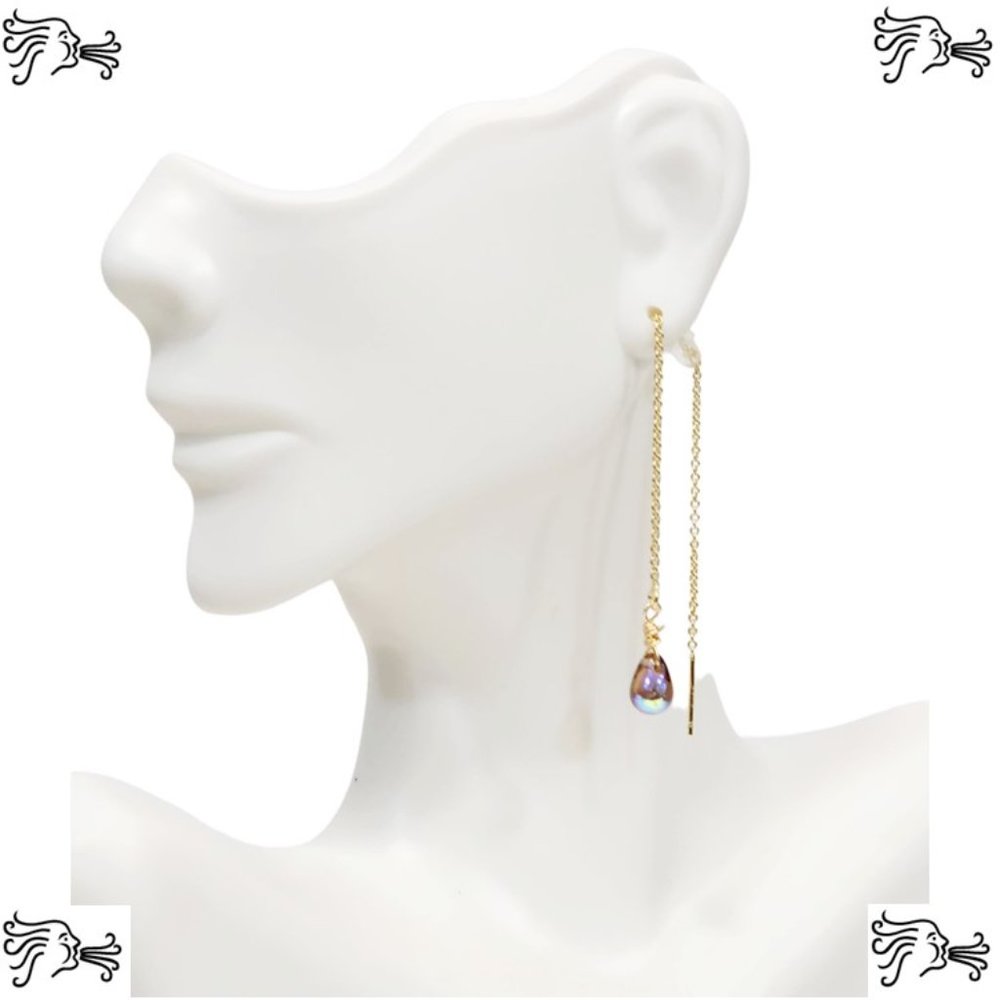 Threader Chain Earrings Smokey Topaz AB Brown Picasso Teardrop on Gold Dain…